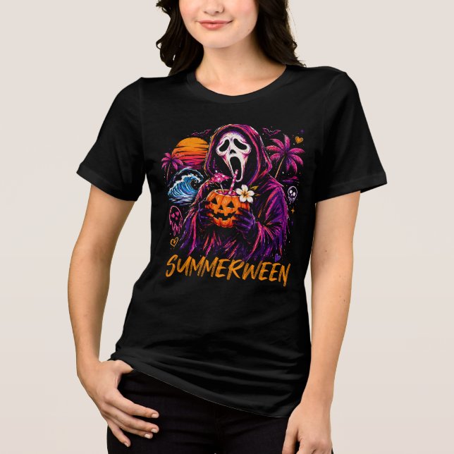 Summerween Ghostface Kürbisküste Tri-Blend Shirt (Vorderseite)