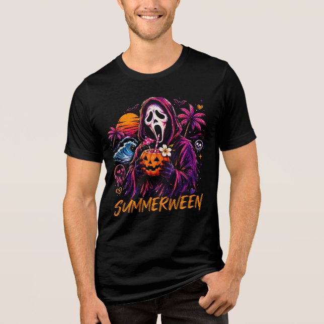 Summerween Ghostface Kürbisstrand Tri-Blend Shirt (Vorderseite)