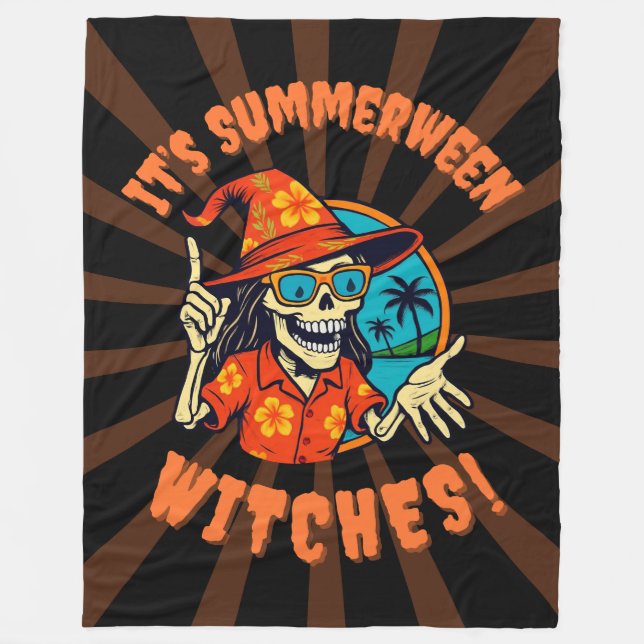 Summerween-Hexenskelett in tropischem Hexenhut 2  Fleecedecke (Vorderseite)