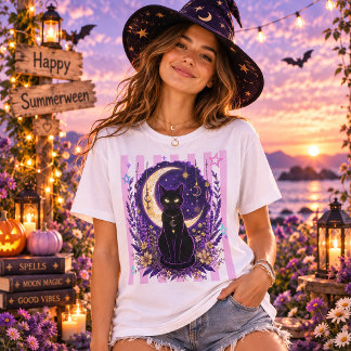Summerween Himmels Schwarze Katze Mond Florale Mag T-Shirt