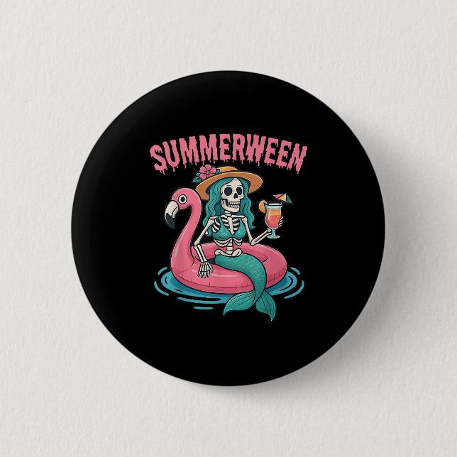 Summerween Mermaid Skeleton Beach Flamingo Hallowe Button (Vorderseite)