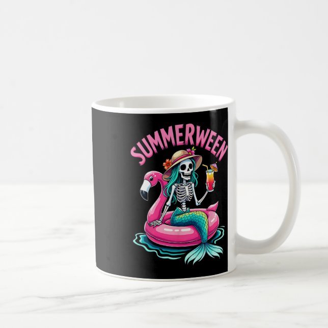 Summerween Mermaid Skeleton Beach Flamingo Hallowe Kaffeetasse (Rechts)