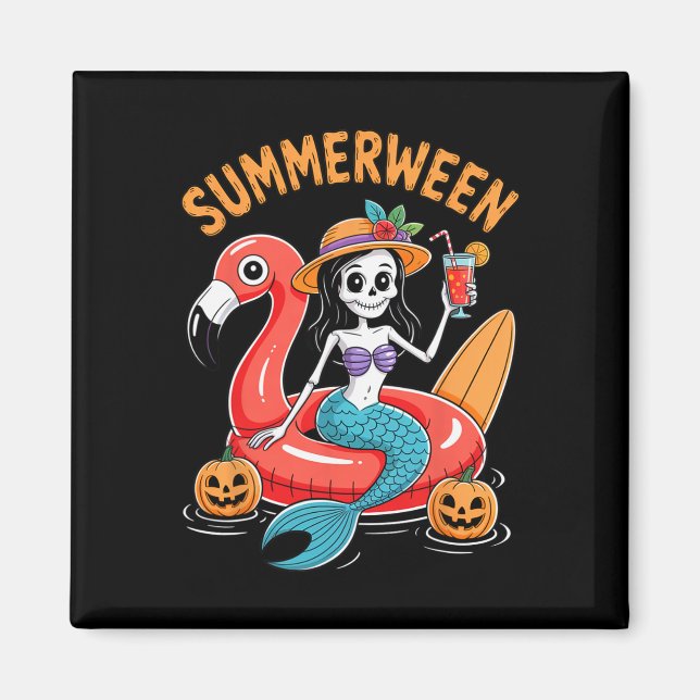 Summerween Mermaid Skeleton Beach Flamingo Hallowe Magnet (Vorne)