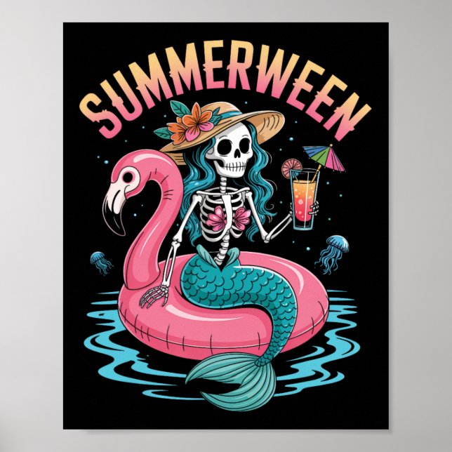 Summerween Mermaid Skeleton Beach Flamingo Hallowe Poster (Vorne)