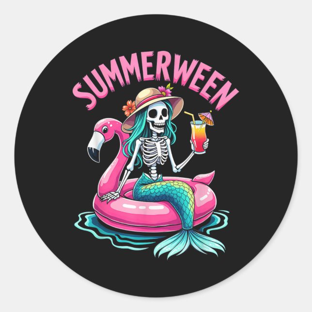 Summerween Mermaid Skeleton Beach Flamingo Hallowe Runder Aufkleber (Vorderseite)