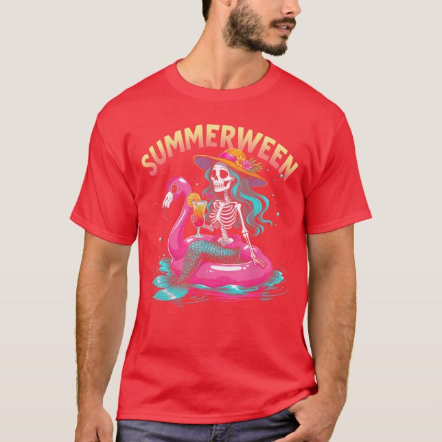 Summerween Mermaid Skeleton Beach Flamingo Hallowe T-Shirt (Vorderseite)