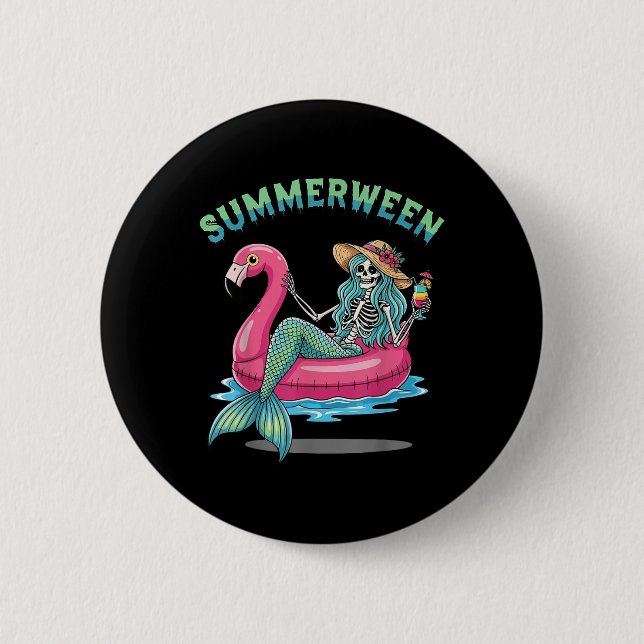 Summerween Mermaid Skeleton Flamingo Float Hallowe Button (Vorderseite)