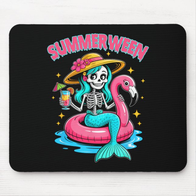 Summerween Mermaid Skeleton Halloween Flamingo Sum Mousepad (Vorne)