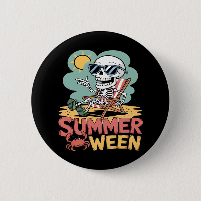Summerween Skeleton Beach Vibes Halloween Button (Vorderseite)