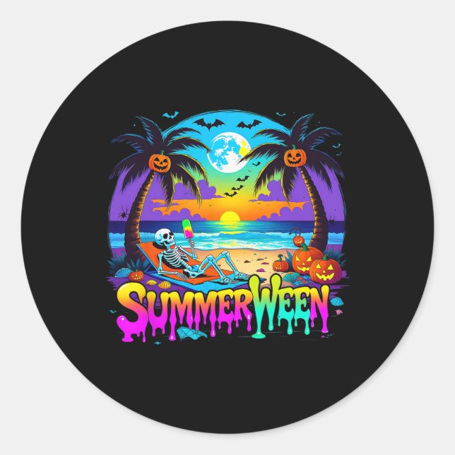 Summerween Skeleton Ghost Beach Funny Spooky Hallo Runder Aufkleber (Vorderseite)
