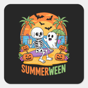 Summerween Skeleton Ghost Beach Halloween-Party Fu Quadratischer Aufkleber