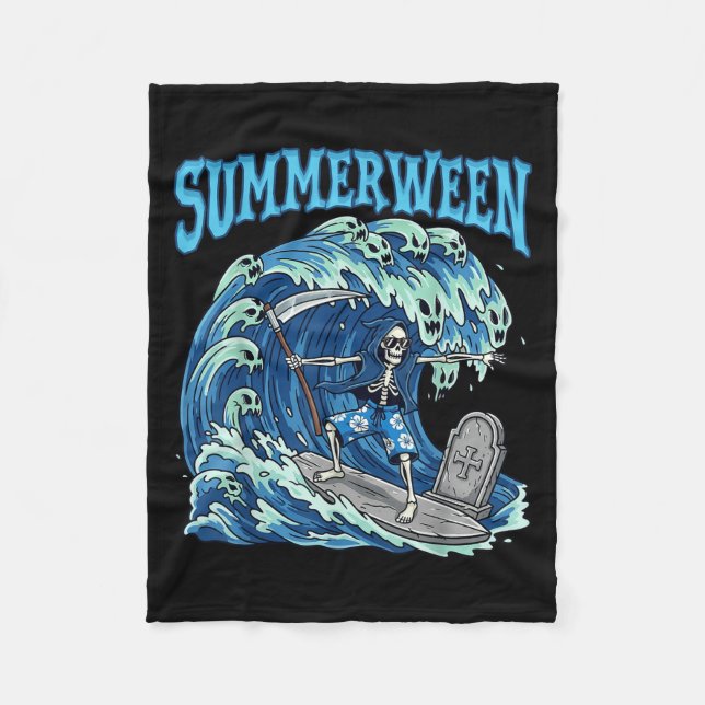 Summerween Skeleton Surf Grim Sensenmann Beach Spo Fleecedecke (Vorderseite)