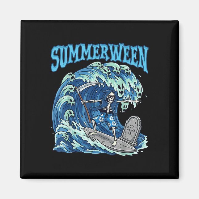 Summerween Skeleton Surf Grim Sensenmann Beach Spo Magnet (Vorne)