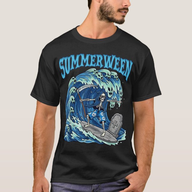 Summerween Skeleton Surf Grim Sensenmann Beach Spo T-Shirt (Vorderseite)