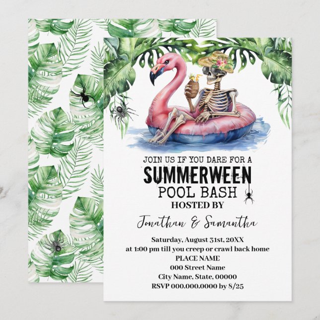 Summerween-Tropische-Skelett-Poolparty Einladung (Vorne/Hinten)