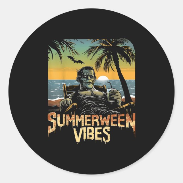 Summerween Vibes Frankenstein Summer Halloween Hol Runder Aufkleber (Vorderseite)