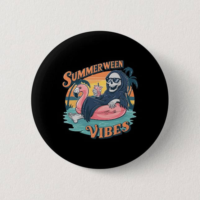 Summerween Vibes Skeleton Flamingo Float Summer Ha Button (Vorderseite)