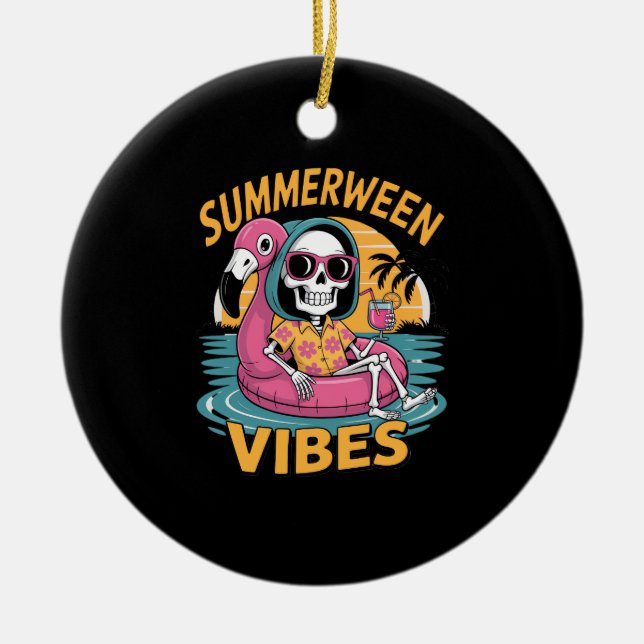 Summerween Vibes Skeleton Flamingo Float Summer Ha Keramik Ornament (Vorne)