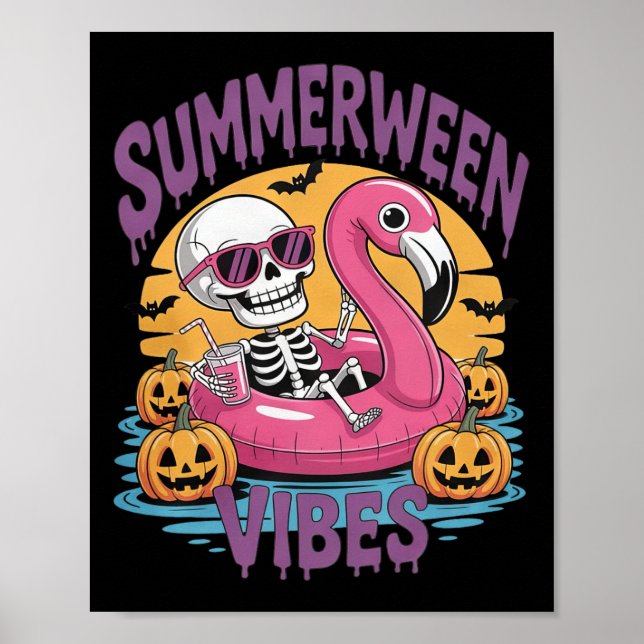 Summerween Vibes Skeleton Flamingo Spooky Hallowee Poster (Vorne)