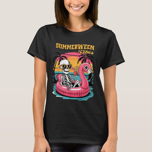 Summerween Vibes Skeleton Flamingo Spooky Hallowee T-Shirt (Vorderseite)