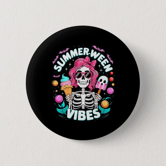 Summerween Vibes Skeleton Spooky Vacation Hallowee Button (Vorderseite)