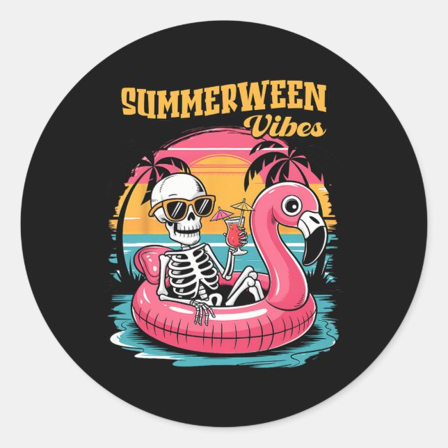 Summerween Vibes Skeleton Summer Vacation Funny Ha Runder Aufkleber (Vorderseite)
