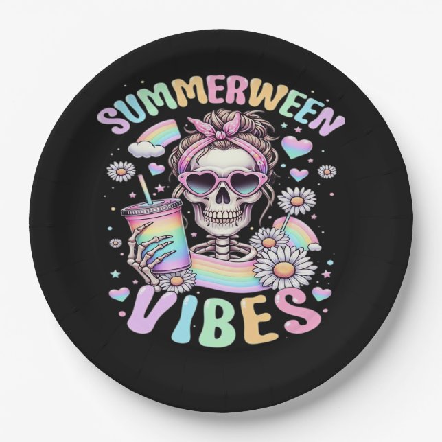 Summerween Vibes Sweet Skeleton Girl Summer Hallow Pappteller (Vorderseite)