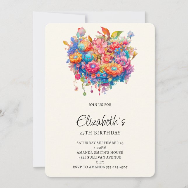 Summery Blume Bouquet Whimsical Boho Birthday Einladung (Vorderseite)
