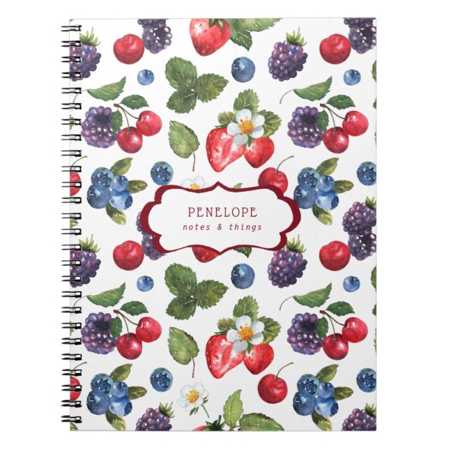 Summery Sweet Berry Pattern | Monogram-Notebook Notizblock (Vorderseite)
