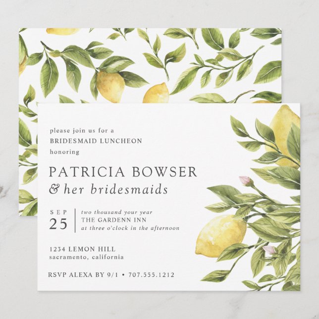 Summery Zitronen und Blätter Bridesmaid Luncheon Einladung (Vorne/Hinten)