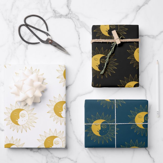 Sun and Moon Boho Line Art Golden Varieté Geschenkpapier Set (Vorderseite)