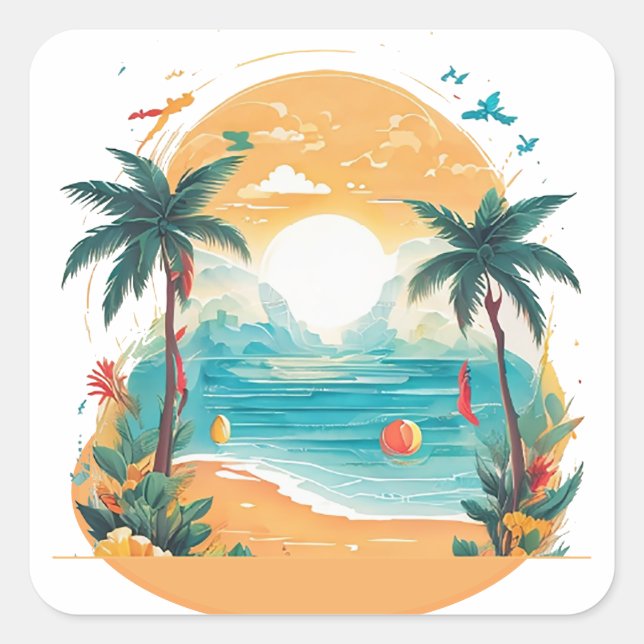 Sun Beach Palme Quadratischer Aufkleber (Vorderseite)