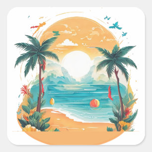 Sun Beach Palme Quadratischer Aufkleber