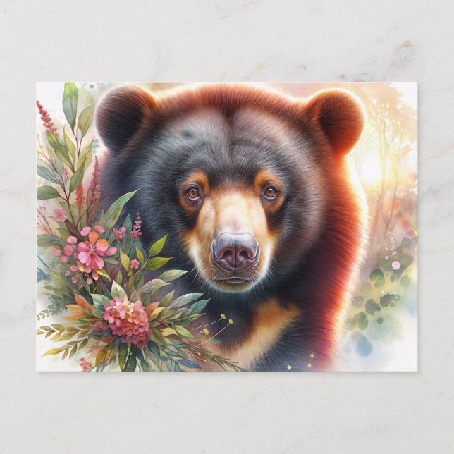 Sun Bear Floral Watercolor Wildlife Postkarte (Vorderseite)