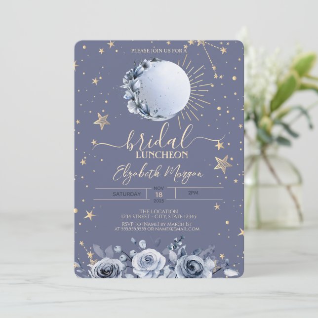 Sun, Blue Moon Rose Pastel Bridal Luncheon Einladung (Stehend Vorderseite)