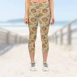 Sun Celestial Vintag Burgund Green Gold Muster Capri Leggings