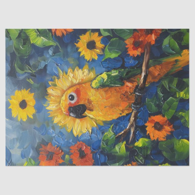 Sun Conure Parrot Ölgemälde Blumendekoupage Seidenpapier (Vorderseite)