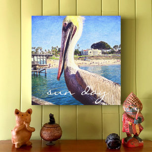 Sun Day Niedlich Ocean Beach Pier Pelican Bird Fot Leinwanddruck