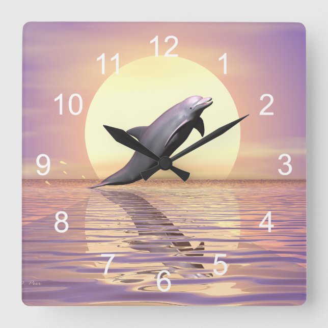 Sun Dolphin Quadratische Wanduhr (Vorderseite)