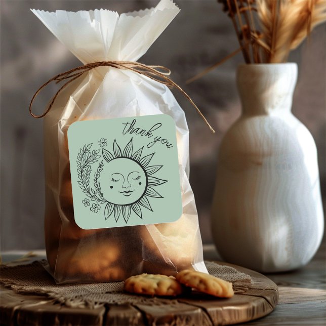 Sun Floral Boho DANK YOU Elegante Chic Sage Green Quadratischer Aufkleber (Sun Floral Boho THANK YOU Elegant Chic Sage Green Square Sticker
)