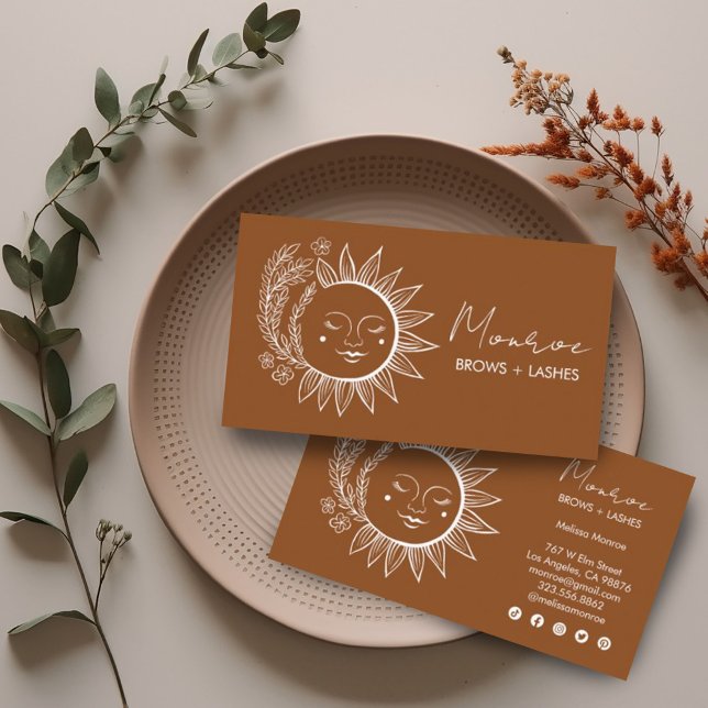 Sun Flower Boho Line Art Earthy Chic Social Icons Visitenkarte (Custom botanical sun artwork on these chic business cards with social media icons)