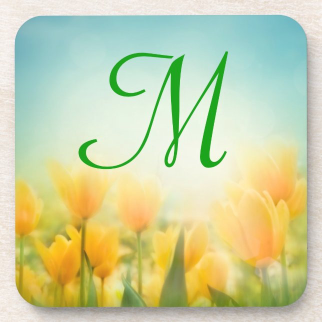 Sun Kissed Yellow Tulips Monogram Drink Untersetze Getränkeuntersetzer (Vorderseite)