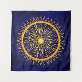Sun Mandala Gold Orange on Celestial Blue Wandteppich