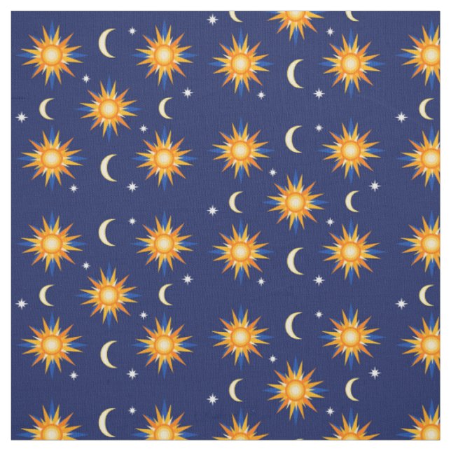 Sun-Mond-Sterne, die blaues Mitternachtsmaterial Stoff (Muster)