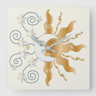 Sun-Mond und Stern-Uhr Quadratische Wanduhr