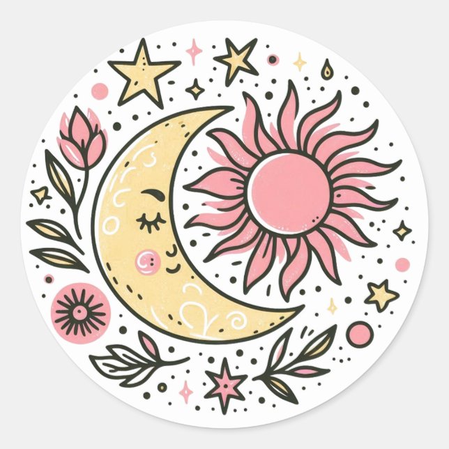 Sun Moon Blumenrosa Gelb Zodiac Astrologisch Runder Aufkleber (Vorderseite)