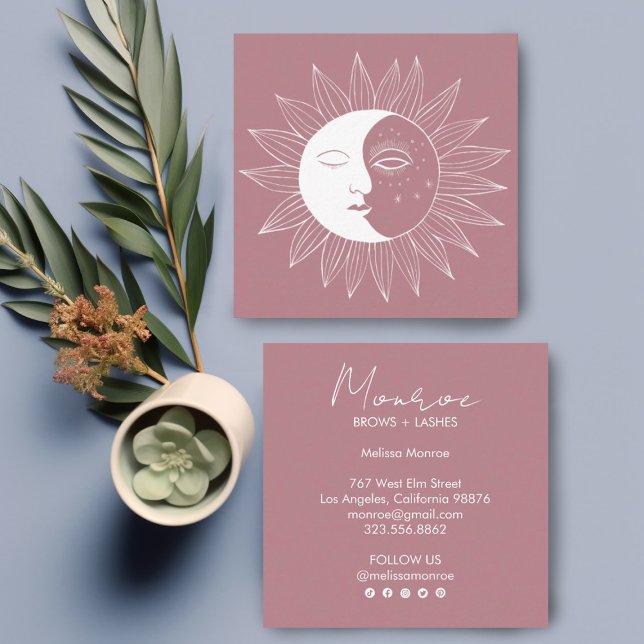 Sun & Moon Boho Line Kunst, Dichtung und Musik Quadratische Visitenkarte (Customize these sweet sun moon square business cards with your own text & edit social media icons)