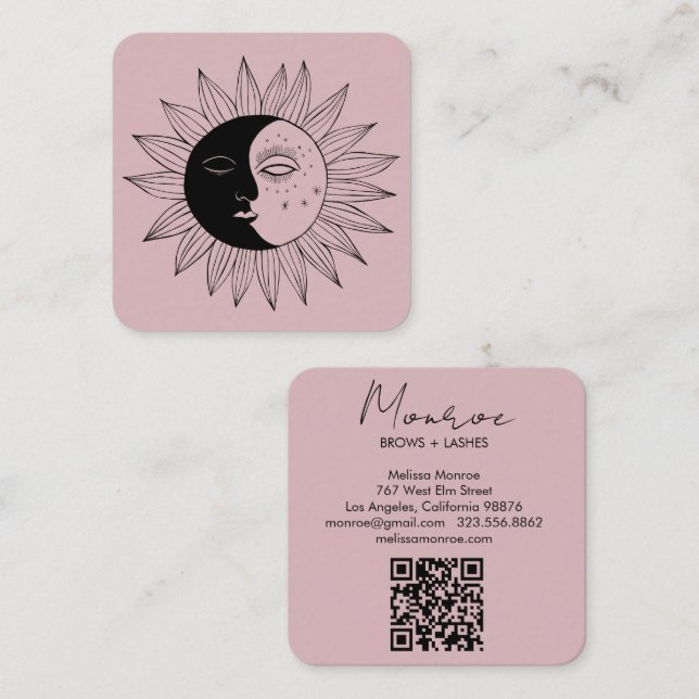 Sun & Moon Boho Line Kunst, Dichtung und Musik Quadratische Visitenkarte (Vorne/Hinten)