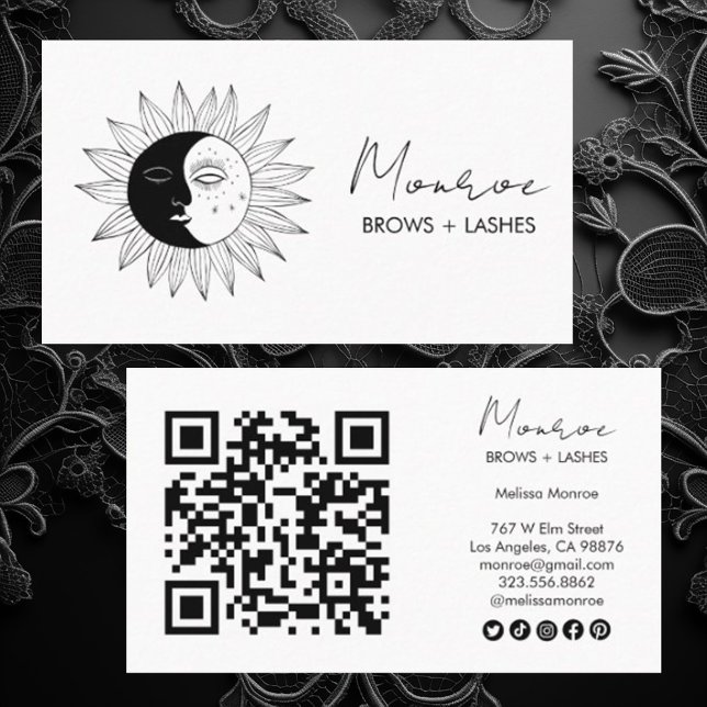 Sun & Moon Boho Line Kunst, Dichtung und Musik Visitenkarte (Sun moon custom business card design with QR code and social media icons)