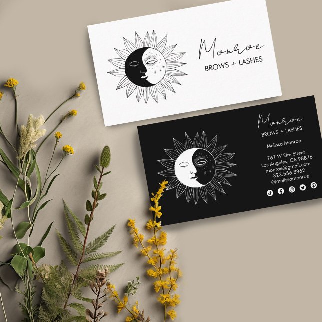 Sun & Moon Boho Linie Locarno Highlights Visitenkarte (hand-drawn sun and moon image decorates these custom business cards. Change the text and colors)
